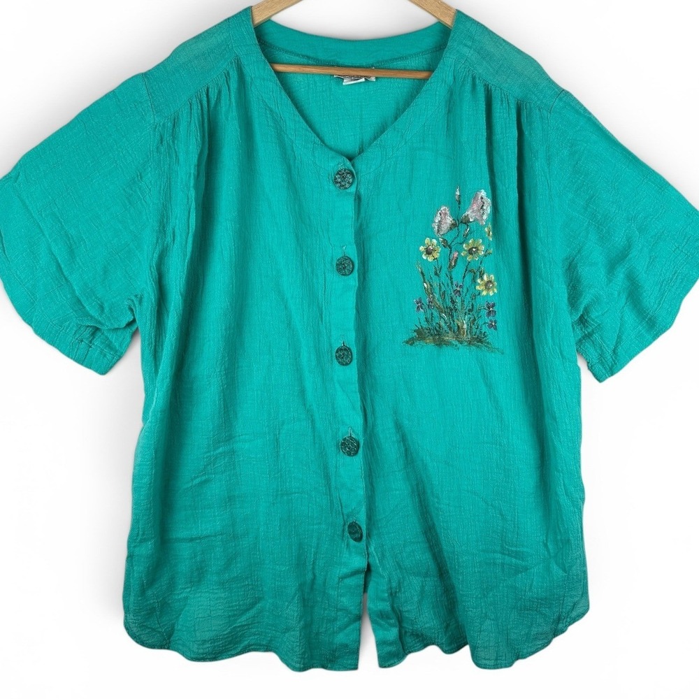 Copy Cats Vintage 90s Crinkle Top Womens Plus Size 2XL Cottagecore Hand Painted